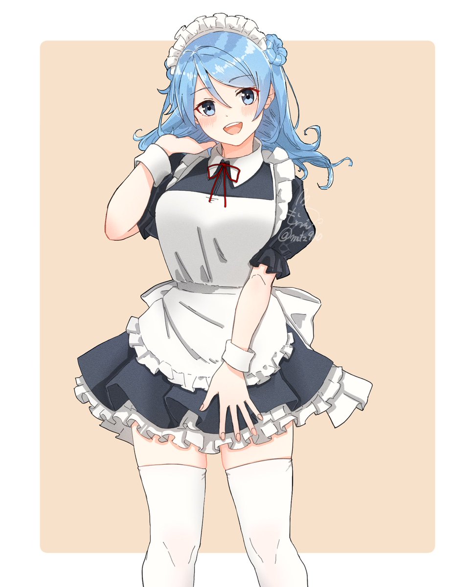 urakaze (kancolle) 1girl solo maid apron blue hair blue eyes hair bun  illustration images