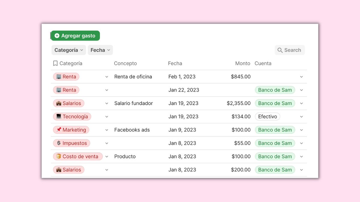 Coda para Finanzas:

Las tablas en Coda funcionan muy bien para organizar transacciones de gastos y ventas. Puedes agregar categorías, fórmulas, fechas y transformar todo en gráficas.