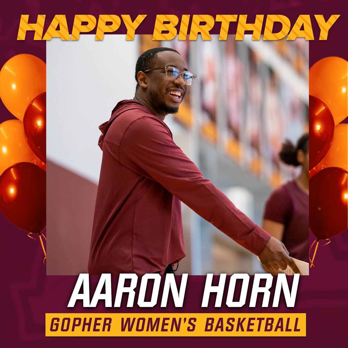 GopherWBB's tweet photo. Coach Horn is ALWAYS bringin' the energy! 

We're wishing a happy birthday to our assistant coach Aaron Horn today! #Gophers https://t.co/rglqCAItV0