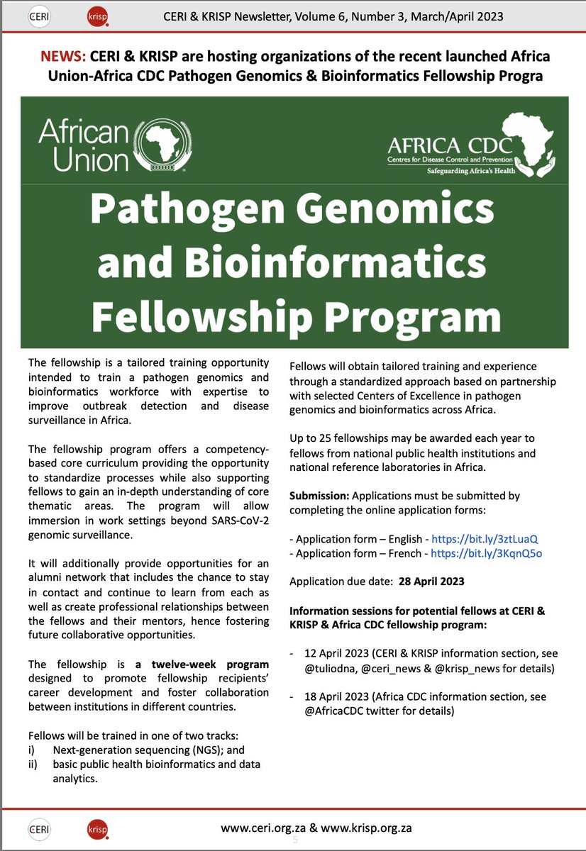 CERI is a host organization for the Africa Union-Africa CDC Pathogen Genomics &amp; Bioinformatics Fellowship Program! All paid, 3 months fellowship at our new state-of-the-art facilities, deadline 28 April! krisp.org.za/manuscripts/CE…
