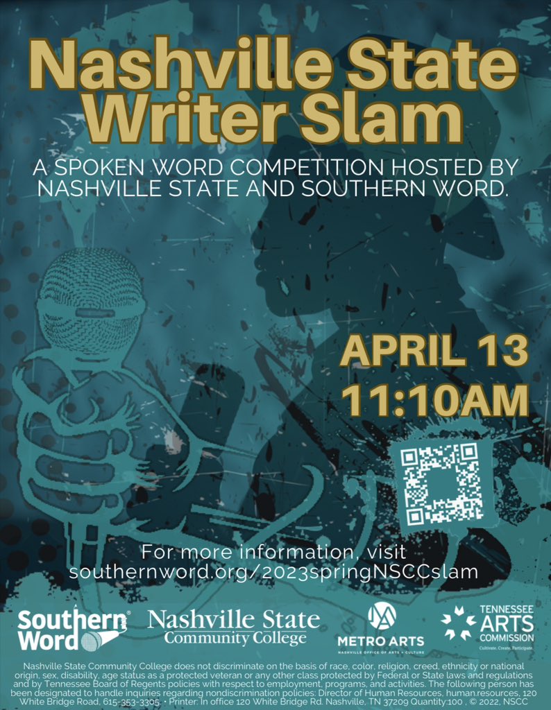 Nashville State &amp; <a href="/SouthernWord/">Southern Word</a> Writer Slam! Attend in person or virtually. Students wanting to perform need to register: southernword.org/2023springNSCC…  
 
In person: 
▪️Clarksville campus: room 107
▪️Southeast campus: room 1312
▪️White Bridge campus: room S-116 (Student Services Bldg)