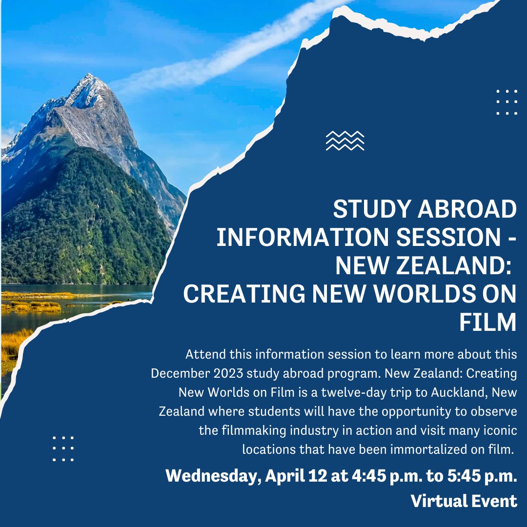 DPUStudyAbroad's tweet image. Attend this information session to learn more about this December 2023 study abroad program. New Zealand: Creating New Worlds on Film. 
.
.
.
Click here to know more: ow.ly/AwCS50NkpKe

#DPUStudyAbroad #NewZealand #ShortTermProgram #DecemberBreak #InfoSession #StudyAbroad