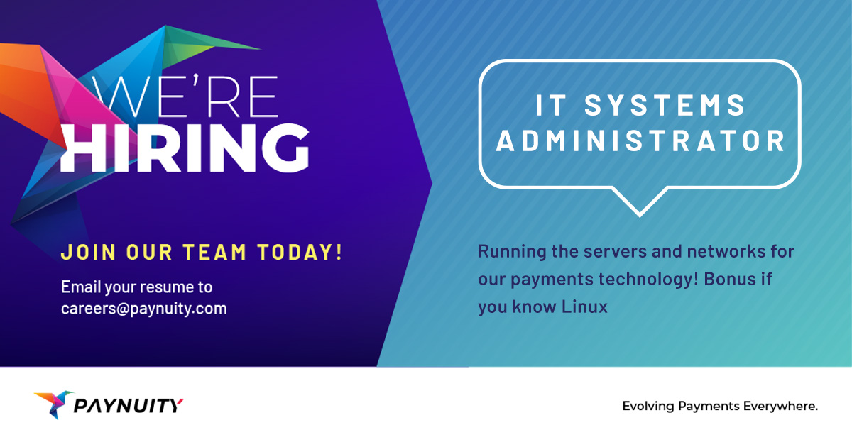 paynuity's tweet photo. Paynuity is hiring! We are looking for a IT Systems Administrator with experience in Ubuntu, Kubernetes, and Linux

If you’ve always wanted to work for a company with excellent culture, great staff, and in the constant heat of Florida, this is for you!

#werehiring https://t.co/lHCtLurSZG