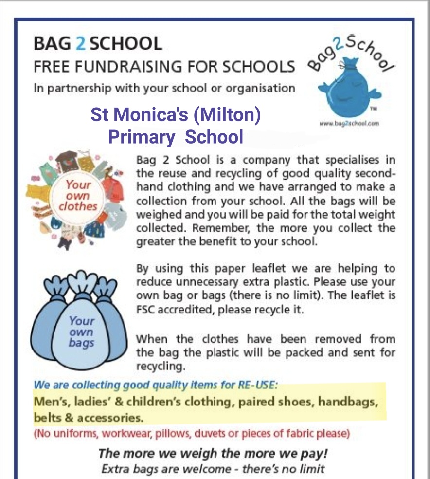 Please remember that our Laudato Si group @MissNMCurrie have organised Bag2School to come along on the morning of Tuesday 25th April to collect from @StMonicaMilton♻️ This will encourage us all to recycle unwanted items from home.👜🧥👟 Thank you in advance for any donations.🙂