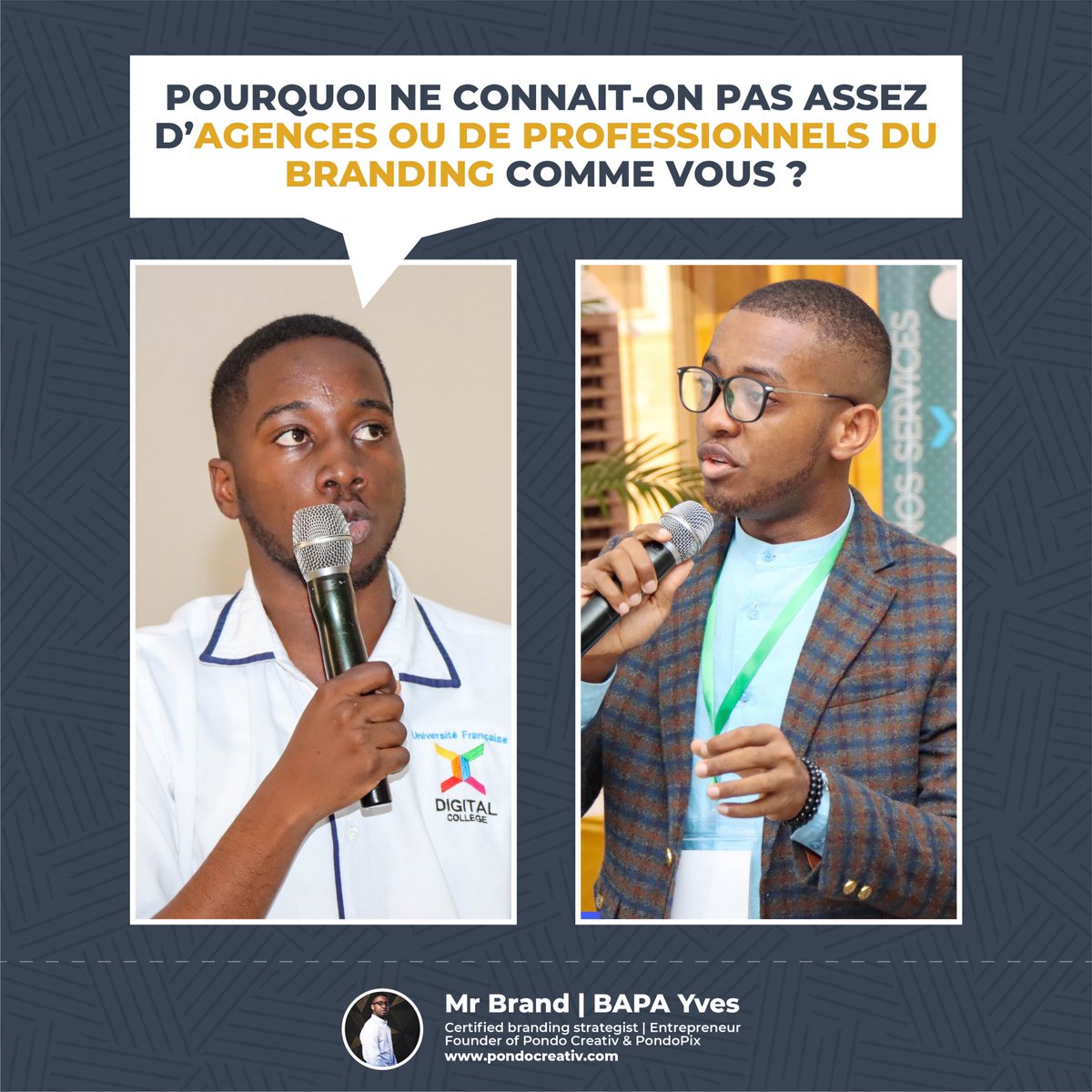 Je paraphrase sur le visuel 😁 bien sûr.

En fait, les vrais mots de cet étudiant du <a href="/DigitalCollege2/">Digital College Cameroun</a> étaient :

« Pourquoi le marché du #Branding est-il si fermé au public et qu’est-ce que vous comptez mettre en œuvre pour arranger cela ? »

Ma réponse en commentaire 👇🏽