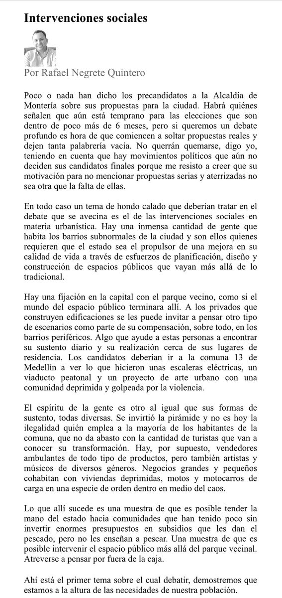 Después de la semana de reflexión una propuesta de debate a los precandidatos, ahora que comienza la campaña en forma! <a href="/elmeridiano_co/">EL MERIDIANO</a> 
elmeridiano.co/intervenciones…

<a href="/salinghisays3/">Salin Ghisays Martínez</a> <a href="/kerguelenhugo/">Hugo F. Kerguelen G.</a> <a href="/fredysanchezk/">Fredy David Sanchez K</a> <a href="/Felixavilezp/">Félix Avilez</a> <a href="/joseburgosa/">Jose Ignacio Burgos</a> <a href="/LEONELMARQUEZS/">LEONEL MARQUEZ SANES</a> <a href="/nlopezfuentes/">Natalia Lopez F</a> <a href="/lilianayunezC2/">LILIANA YUNEZ</a>