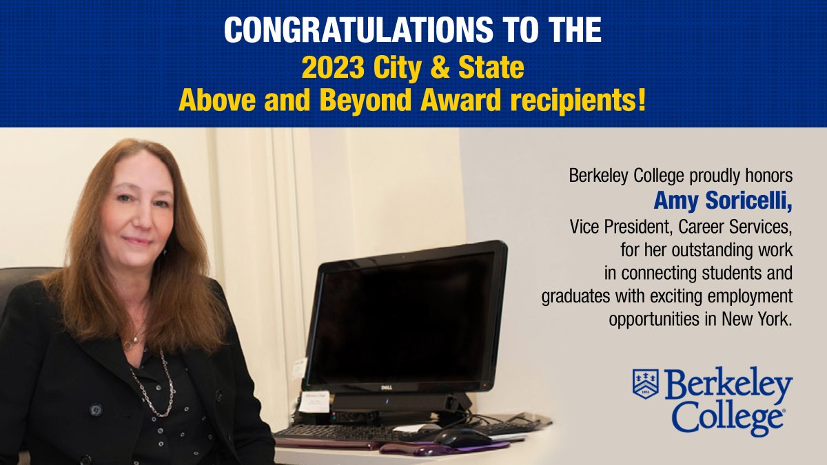 BerkeleyCollege's tweet photo. Congrats to Amy Soricelli, who was honored among the @CityAndStateNY 2023 Above &amp; Beyond: Women. Soricelli uses her 30 years of experience in recruiting and her network of 27,000+ LinkedIn connections to direct grads to exciting employment opportunities. https://t.co/vSzakkqrHx https://t.co/pVyxMyT4fy