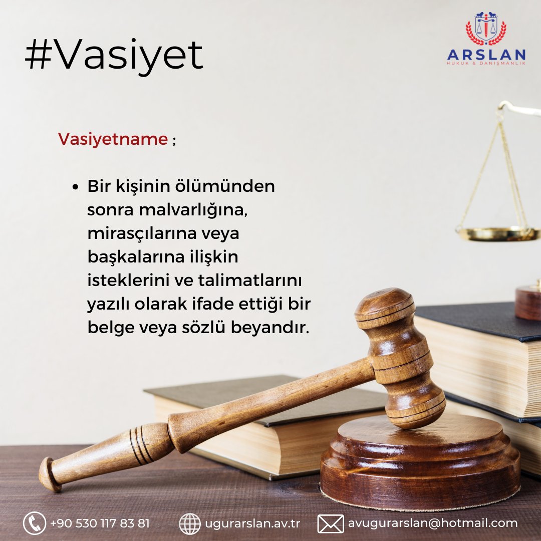 📌 Detaylı bilgi ve iletişim için ;
 ☎ +90 530 117 83 81
📩 avugurarslan@hotmail.com
🌐 ugurarslan.av.tr
---
#vasiyet #vasiyetname #vasiyetimdir #miras #mirascı #mirasavukatı #ankaraavukat #ankara #avukat #avukatbul #hukuk #hukukçu #yargı #avukatarıyorum #avukatuğurarslan