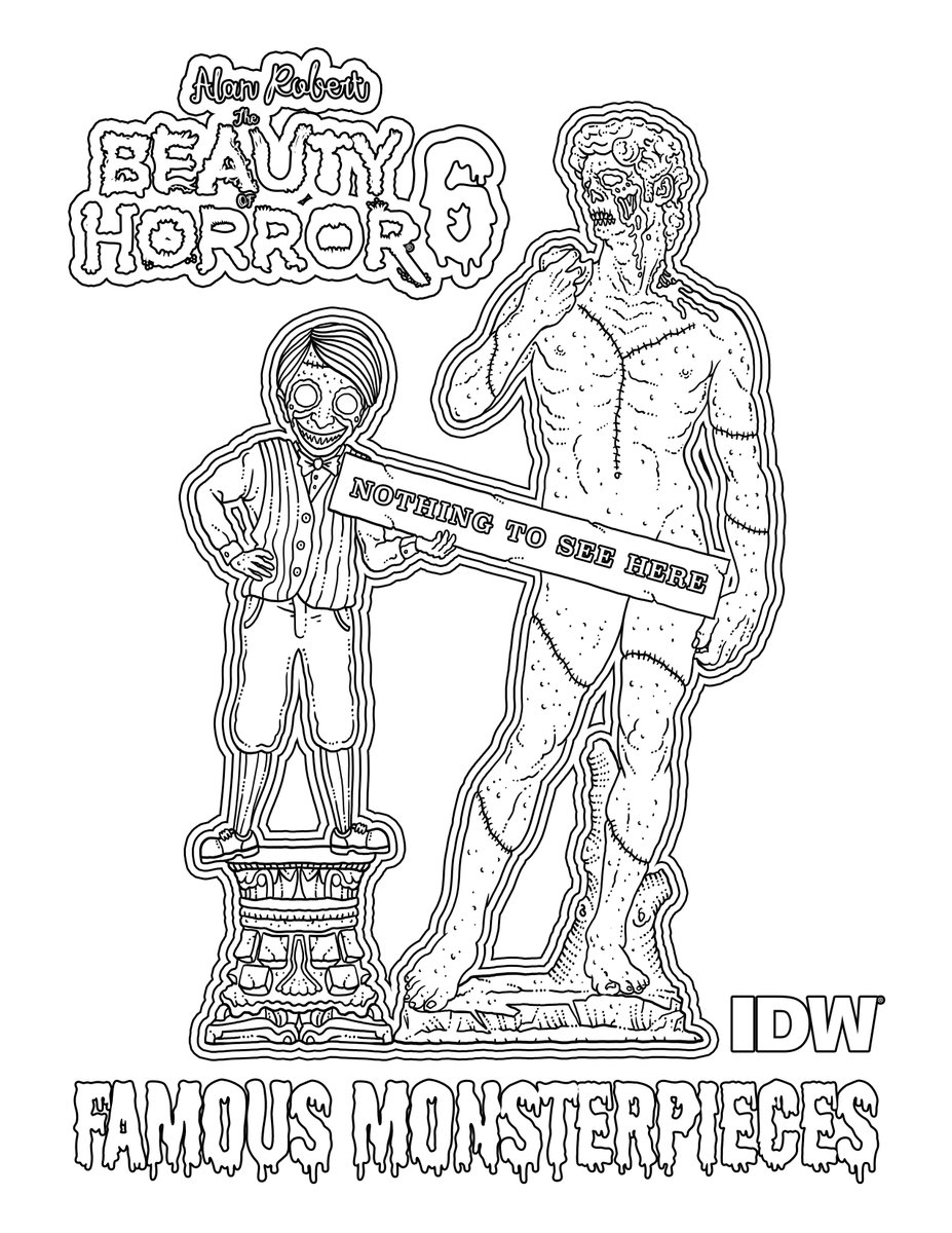 arobert's tweet photo. Download &amp; color this FREE page! Post your color work in the comments! The Beauty of Horror 6: Famous Monsterpieces Coloring Book drops TOMORROW (April 11, 2023)! @idwpublishing #TheBeautyOfHorror #Michelangelo #David #alanrobert #ColoringBook https://t.co/3k2FLPifps