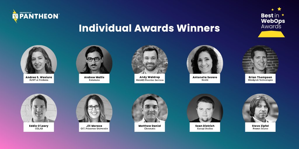 getpantheon's tweet image. Congratulations to the individual winners of the 2023 #BestInWebOps Awards. 👏

Andrea Scalise Wasiura
Andrew Mallis
Andy Waldrop
Antonella Severo
Brian Thompson
Eddie O’Leary
Jill Moraca
Matthew Daniel
Sean Dietrich
Steve Zipfel

ow.ly/XO1g50NF3os