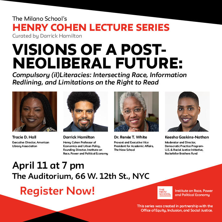 Join us #tomorrow for a discussion on the history of censorship in the U.S., what that means for information redlining today, and much more w/ <a href="/TracieDHall1/">Tracie D. Hall</a>, <a href="/DarrickHamilton/">Darrick Hamilton</a>, <a href="/reneetwhite/">Renée T. White, nurse’s daughter</a>, and <a href="/keeshagaskins/">Keesha Gaskins-Nathan</a>. Register: bit.ly/HCLS_041123 🔗