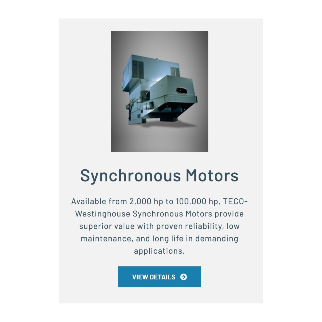 TWMC_Solutions's tweet photo. Available from 2,000 hp to 100,000 hp, TECO-Westinghouse Synchronous Motors provide superior value with proven reliability, low maintenance, and long life in demanding applications.Visit our website to learn more. https://t.co/K4GVhRl1e3 #TECOWestinghouse #SynchronousMotors https://t.co/So5Crz0Biz