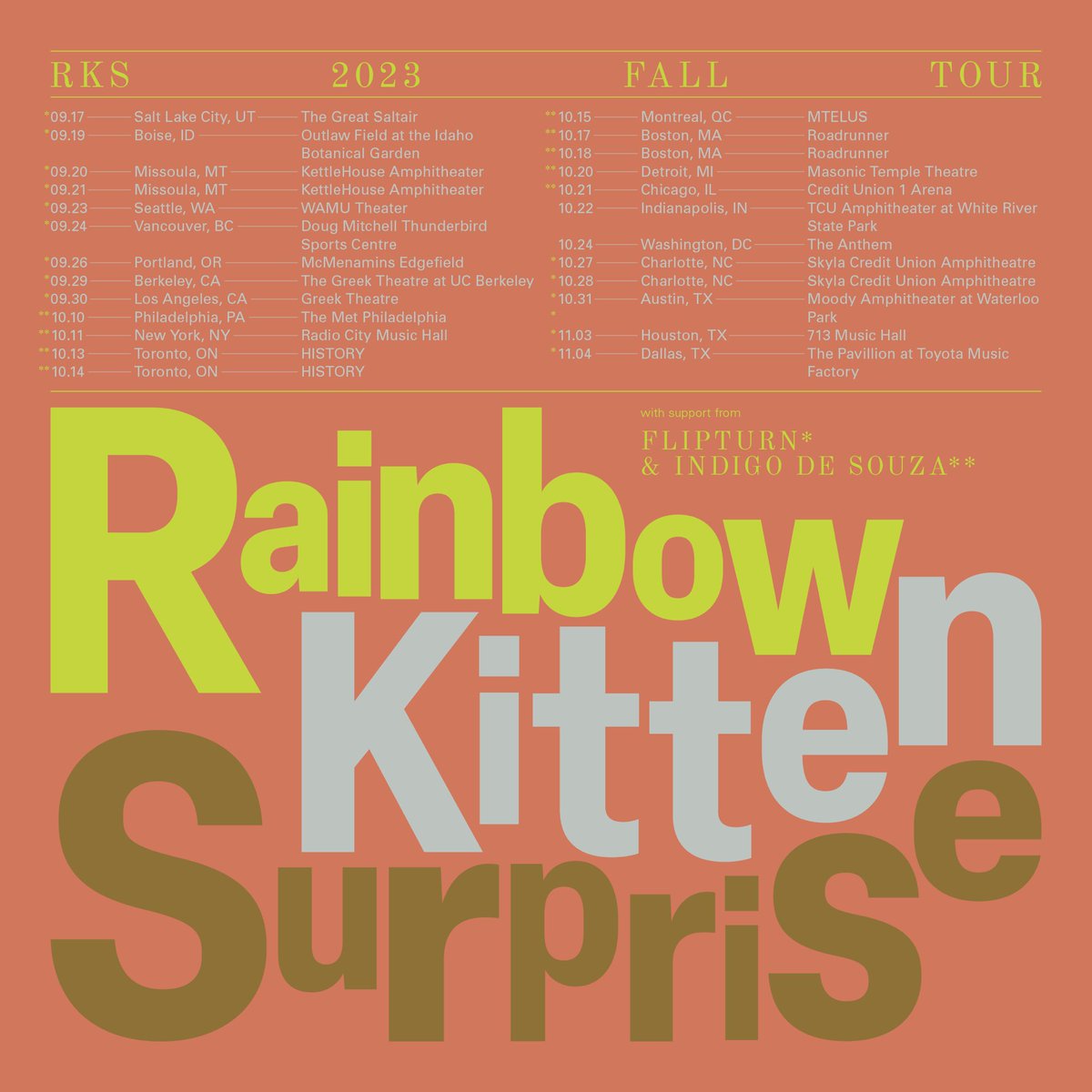 RKSBandOfficial's tweet photo. 3️⃣2️⃣1️⃣… MORE TOUR DATES! We are thrilled to keep the party going with @flipturnband and @IndigoDeSouza! 

4/11 – Fan Club Presale @ 10am-10pm local (sign up to receive the code at https://t.co/D0nPoafxGs)
4/14 – Public On Sale @ 10am local

Grab tix at https://t.co/l89vIsAc0H https://t.co/cPYPGRNxpF