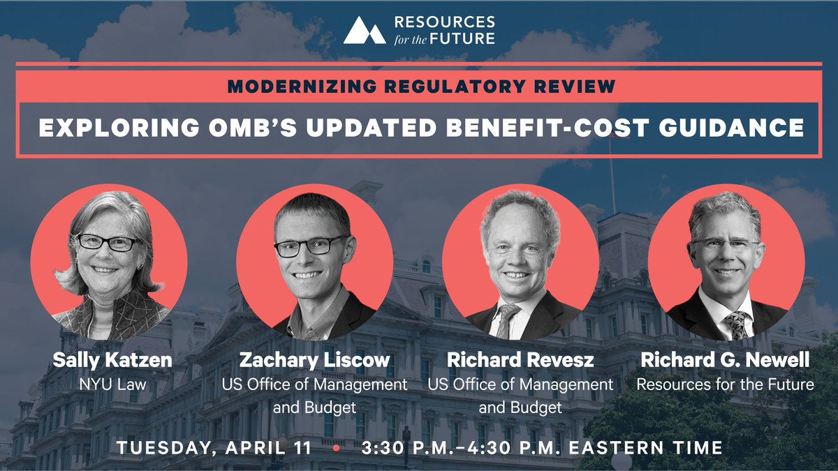 rff's tweet photo. 🚨 TOMORROW 🚨

Tune in at 3:30 p.m. Eastern Time for our next #RFFlive event on the new benefit-cost guidance from @OMBPress, featuring Sally Katzen (@nyulaw), @ZLiscow, Richard Revesz (@OMBPress), and @richardgnewell. 

Reserve your spot today! 👇
https://t.co/pm8yyXx69Z https://t.co/kLclN0EEeY