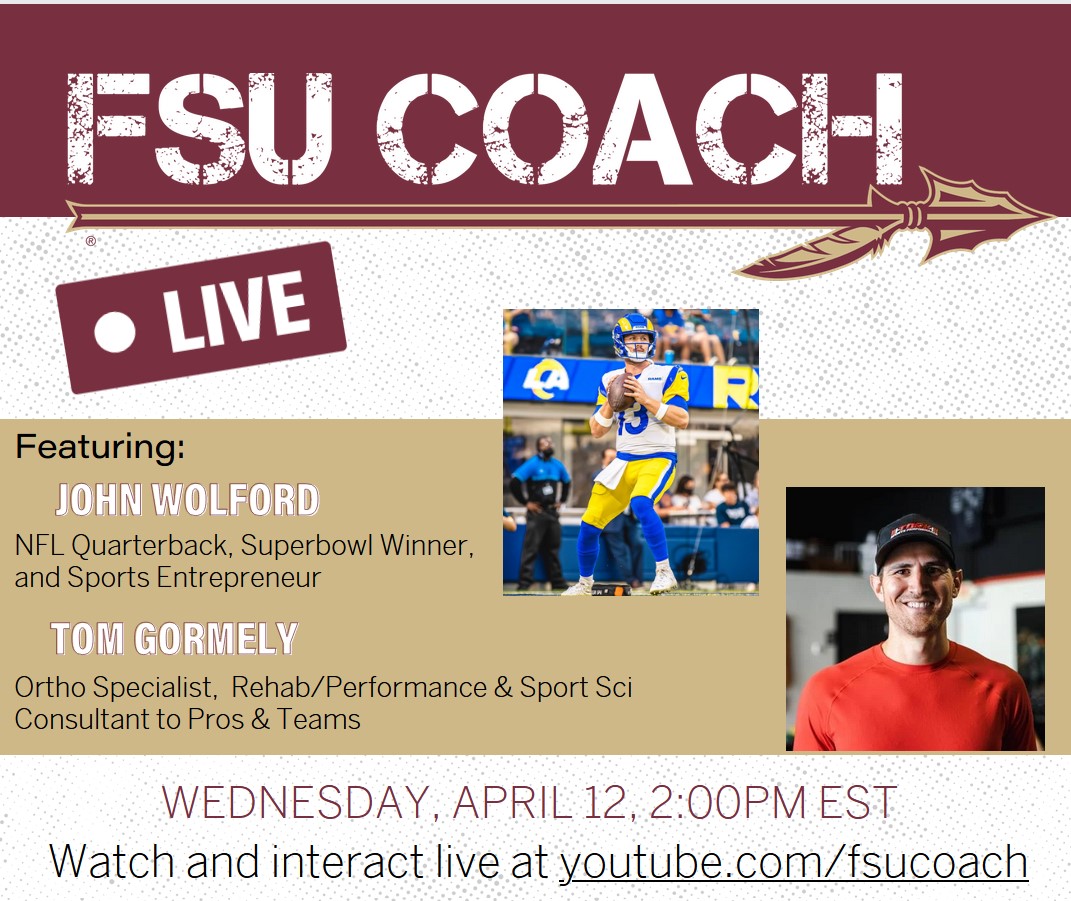 Hope you'll join me on Weds as I chat with @johnwolford_9 and @GormelyTM about being an NFL quarterback, running a sports business, and sports performance topics. Live viewers can ask questions in the chat. This should be a great conversation so be a part of it! #FSUCOACH