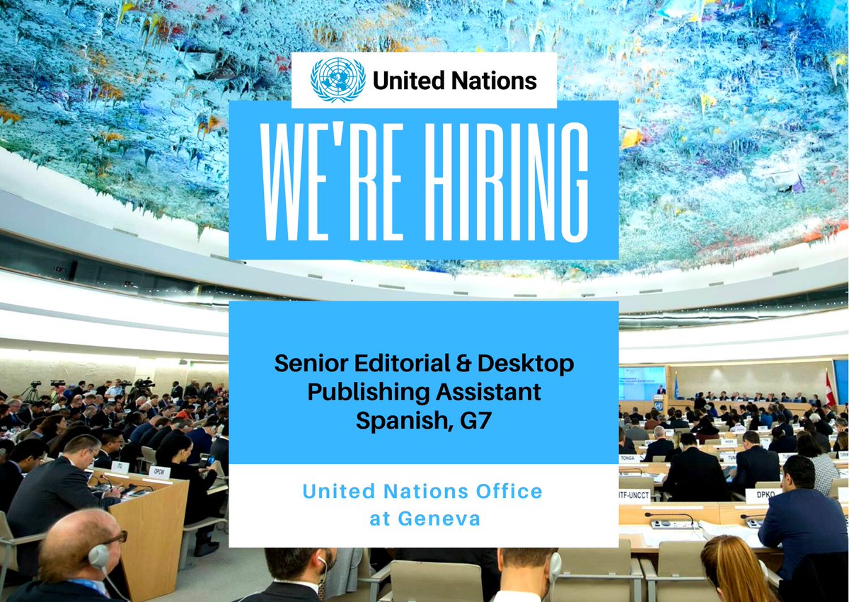 UNDGACM_EN's tweet photo. 📢 @UNGeneva is hiring a Senior Editorial &amp; Desktop Publishing Assistant (Spanish), G7

Requirements:
✅High school diploma or equivalent
✅Fluency in #Spanish (main language) + knowledge of English or French
✅10 years' experience

Apply by 14 Apr 2023 👉 https://t.co/unLLs3repi https://t.co/6C5ny2b2w0