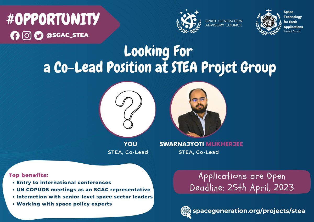 sgac_stea's tweet photo. Co-lead position at STEA Project Group is open. To submit your application, please complete a Vacancy Application Form by 25 April 2023. For detailed information, visit https://t.co/cGWwbHX6At.

@SGAC 
#opportunity #leadership #spacescience #learning https://t.co/2tl9vnA3bs