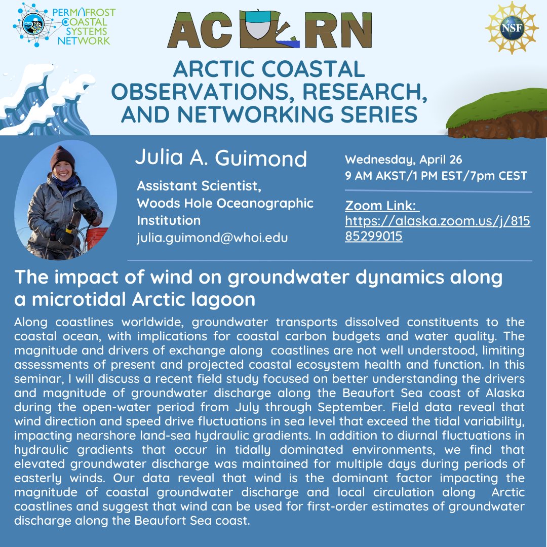 The impact of wind on groundwater dynamics along a microtidal Arctic lagoon

🗓️ 26 April 2023
⏰ 13:00 ET 
💻 Online 
🗣️ Julia Guimond (<a href="/WHOI/">Woods Hole Oceanographic Institution (WHOI)</a>)
🔗 alaska.zoom.us/j/81585299015
🌐 permafrostcoasts.org/activities/aco…