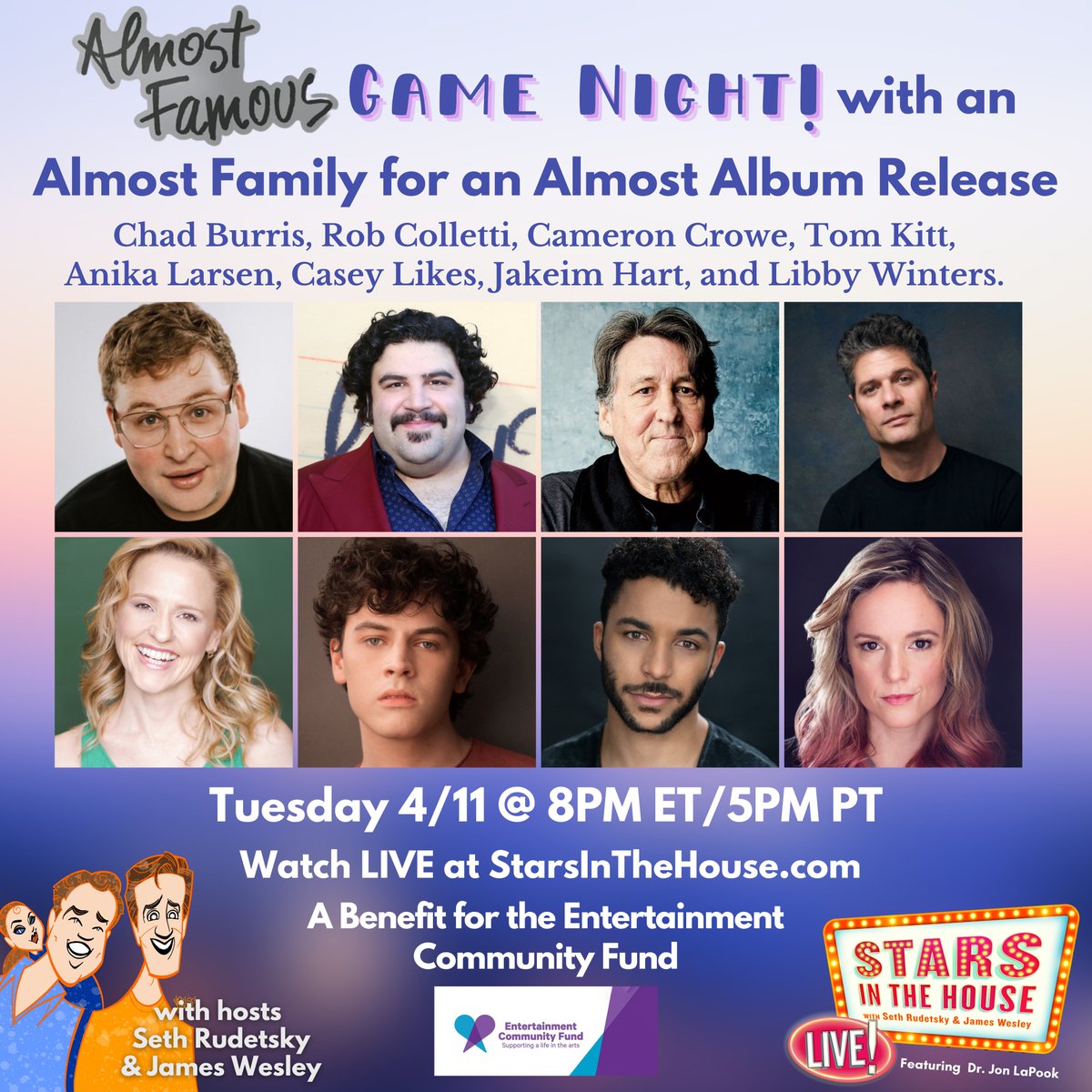 It's all happening! ⚡ Tune in tomorrow at 8pm ET to catch the stars of @AlmostFamousBwy on @StarsInTheHouse for game night. ⭐