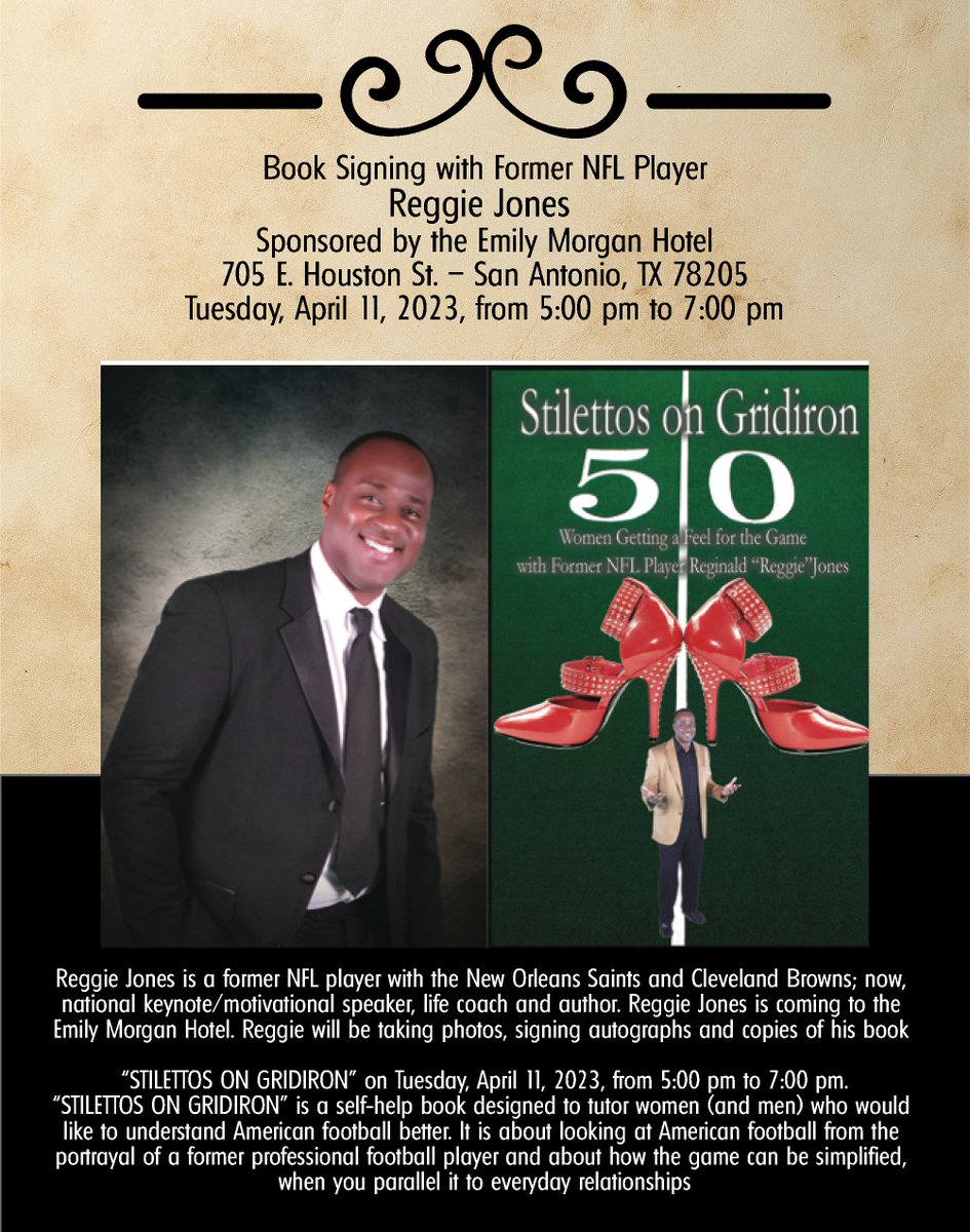 TheEmilyMorgan's tweet photo. Stop by the Emily Morgan Hotel tomorrow, Tuesday, April 11 from 5 PM - 7 PM for former NFL player, Reggie Jones's book signing! 👇
#EmilyMorganHotel #SanAntonio #ReggieJones https://t.co/u8lkSZaoLs