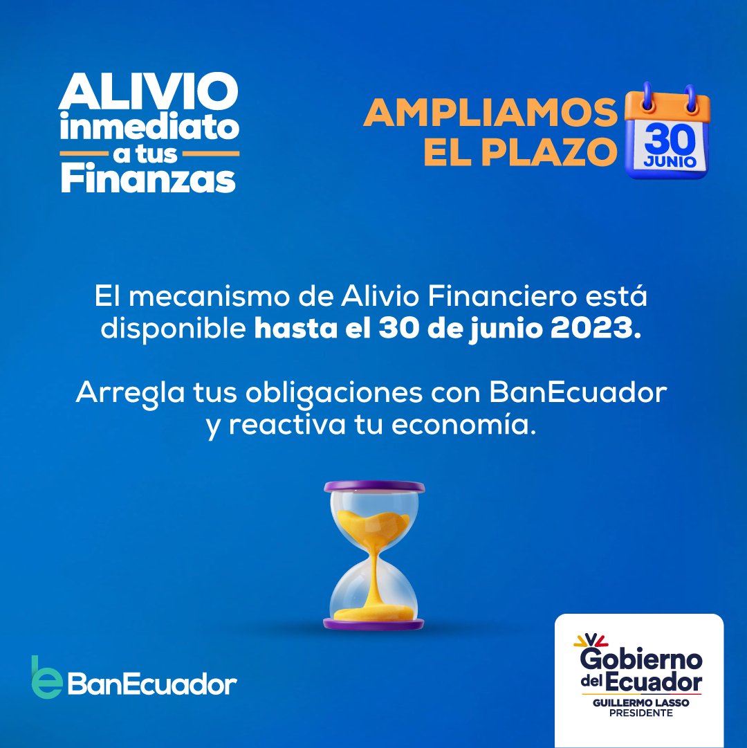 BanEcuadorBP's tweet photo. ¡El mecanismo de #AlivioFinanciero continúa hasta el 30 de junio! 

Extiende el plazo de tu deuda para que tus cuotas sean más pequeñas y las puedas pagar fácilmente. 

Conoce más detalles en este enlace: 👉 https://t.co/gmMWFXaidr https://t.co/udLBoGlTPy