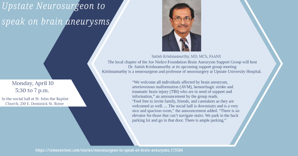 Dr. Krishnamurthy Speaking tonight at the Joe Niekro Foundation Brain Aneurysm Support Group in Rome