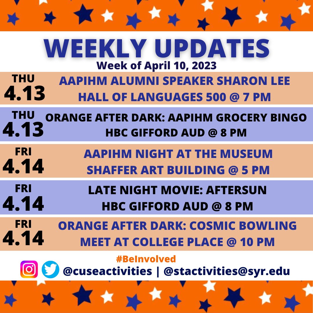 CuseActivities's tweet image. Happy spring! 💐 🌷 🌱 ☀️ 🍃 🌈 ⛅ Here are this week's events #BeInvolved