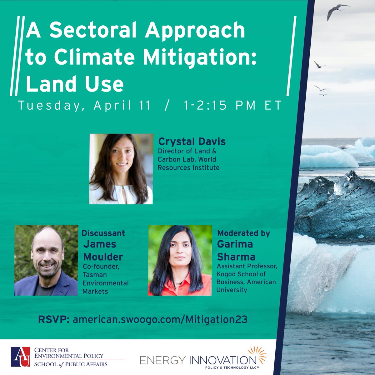 School of Public Affairs (@au_spa) on Twitter photo Tomorrow, Join SPA's <a href="/CEP_AmericanU/">CEPatAU</a> & <a href="/EnergyInnovLLC/">Energy Innovation Policy & Technology LLC®</a>, at 1 p.m., for "A Sectoral Approach to Climate Mitigation: Land Use" w/ <a href="/KogodBiz/">Kogod School of Business</a> Prof. <a href="/garimasharma11/">Garima Sharma</a>, Crystal Davis (<a href="/WorldResources/">World Resources Institute</a>) & James Moulder (@TEM_Global). RSVP: bit.ly/3RTezF5 Tomorrow, Join SPA's <a href="/CEP_AmericanU/">CEPatAU</a> & <a href="/EnergyInnovLLC/">Energy Innovation Policy & Technology LLC®</a>, at 1 p.m., for "A Sectoral Approach to Climate Mitigation: Land Use" w/ <a href="/KogodBiz/">Kogod School of Business</a> Prof. <a href="/garimasharma11/">Garima Sharma</a>, Crystal Davis (<a href="/WorldResources/">World Resources Institute</a>) & James Moulder (@TEM_Global). RSVP: bit.ly/3RTezF5
