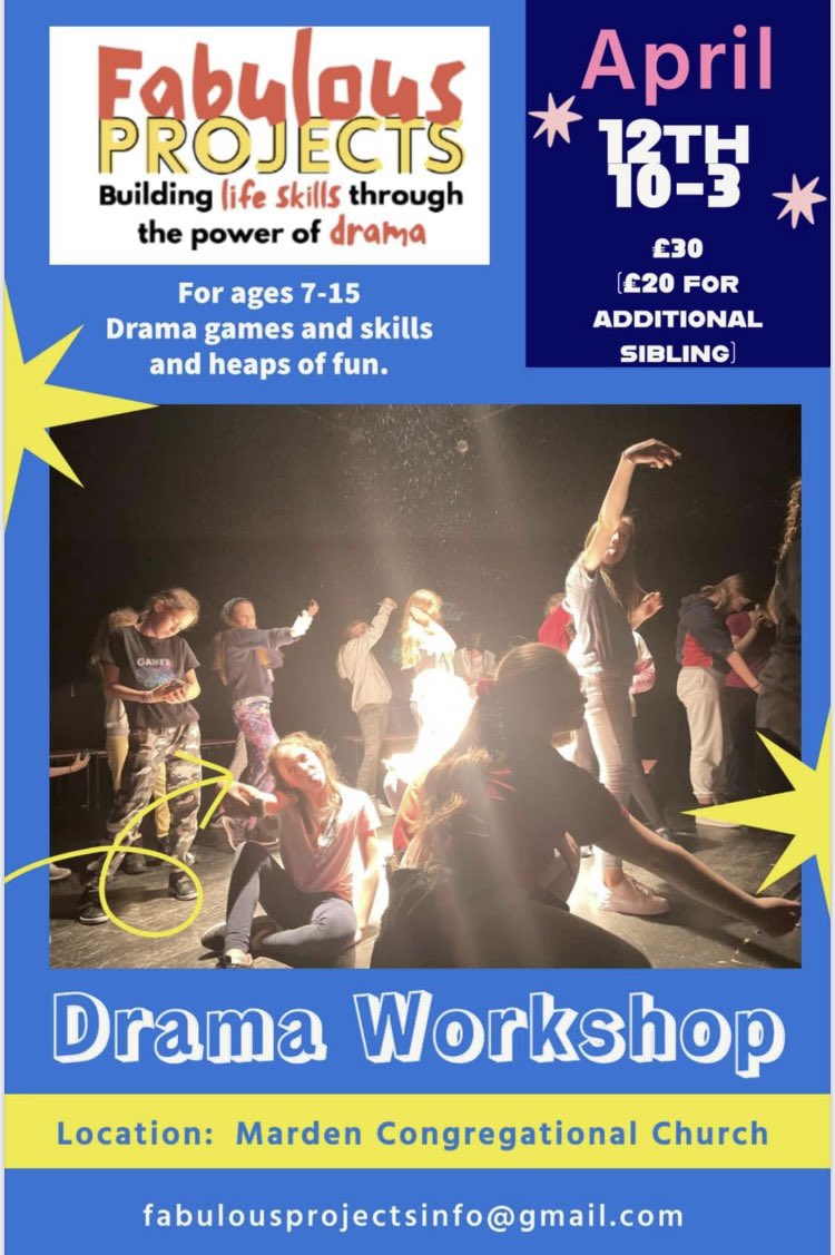 mjstevens3's tweet photo. This Weds, one day drama workshop for young people in Marden, Tonbridge Fabulousprojectsinfo@gmail.com for details @tw_events https://t.co/gVA4I4NHoY