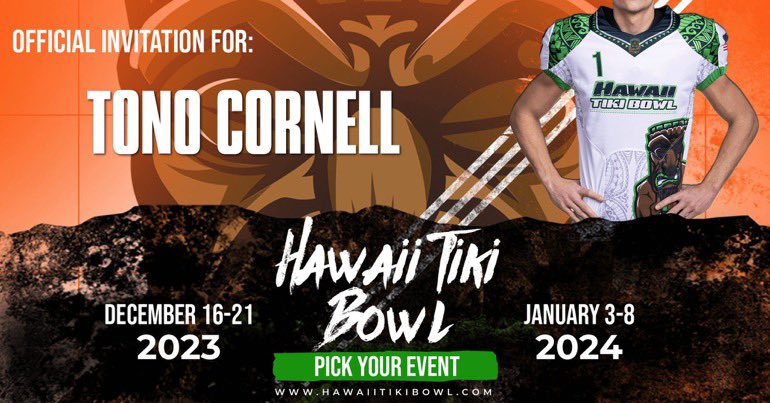 TonoCornell's tweet photo. Thank you, @HawaiiTikiBowl for the Game Invite! @TheStrengthU @mooremt09 @AllenTrieu @CityHighFB #Gittyup https://t.co/eguu0v2OAK