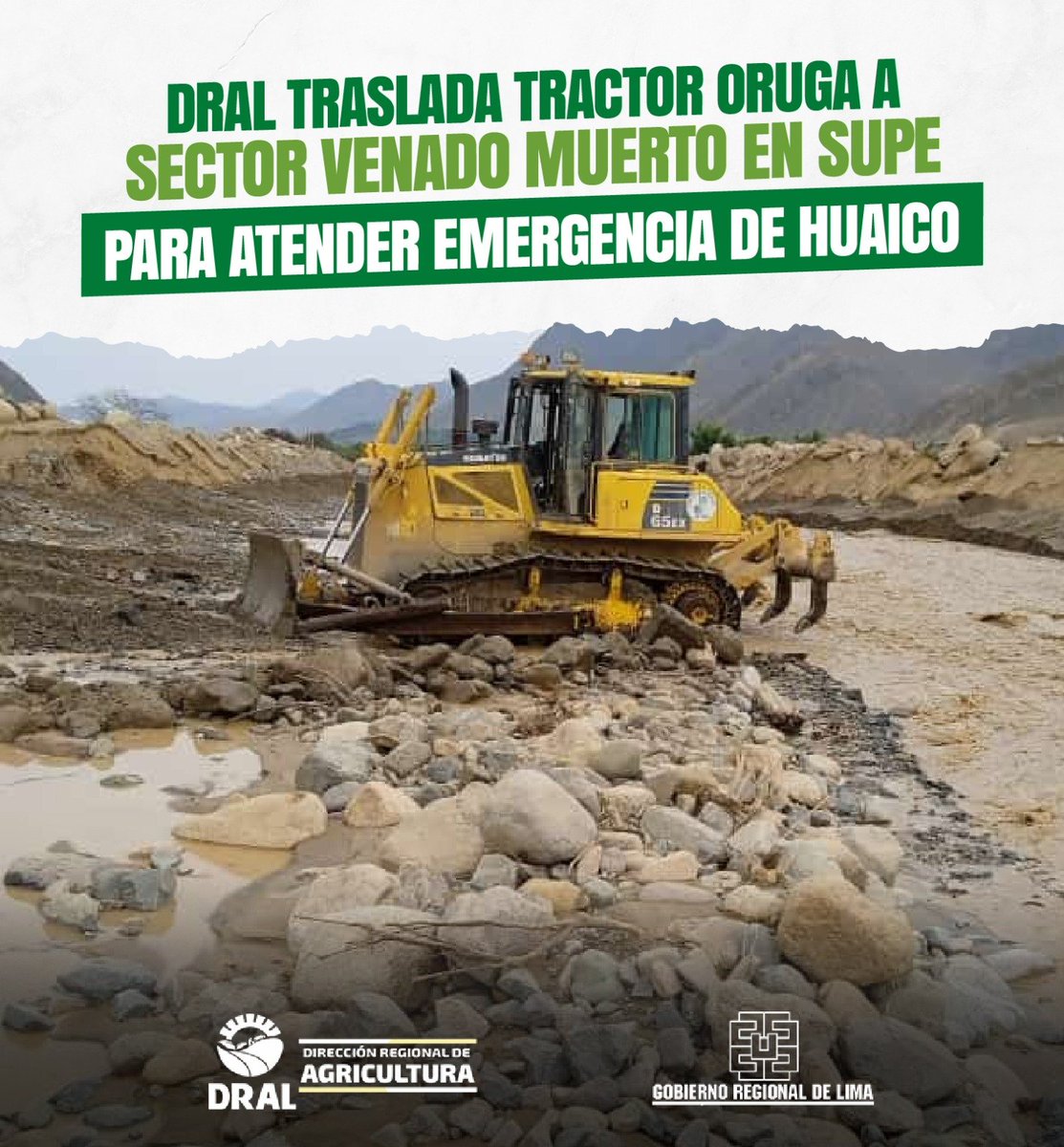 dralimaoficial's tweet photo. 📷 𝐃𝐑𝐀𝐋 𝐓𝐞 𝐈𝐧𝐟𝐨𝐫𝐦𝐚 | Ante el huaico sucedido en horas de la tarde en la zona de Venado Muerto en Supe, la DRAL ha dispuesto el traslado de un tractor oruga para atender la emergencia y realizar trabajos de contención y limpieza de vías de comunicación. https://t.co/RCGGpr63J6