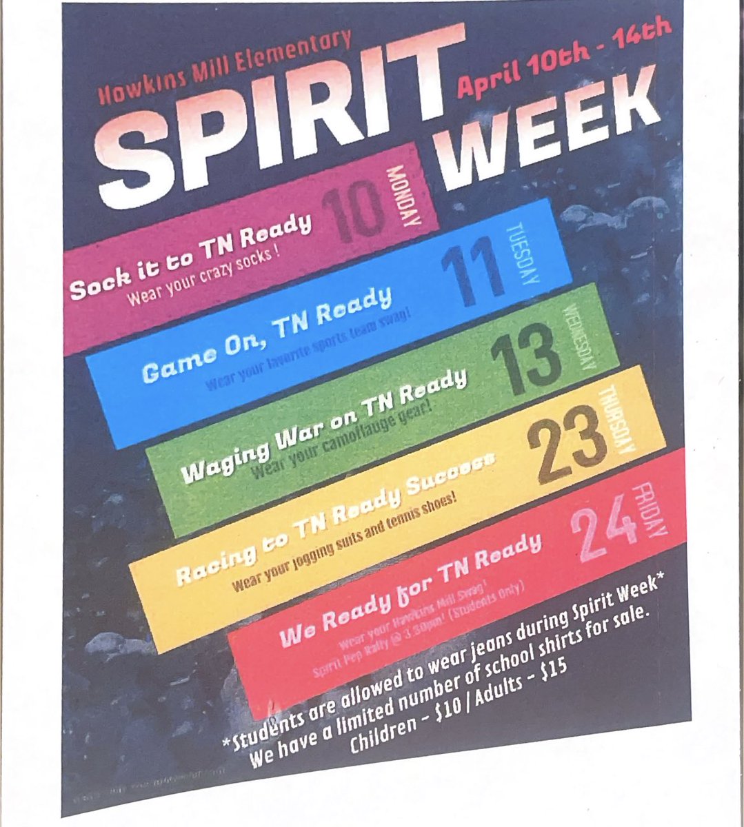 Spirit Week <a href="/hmehawks/">Hawkins Mill</a> starts this week‼️ 

Let's get ready for TNREADY‼️♥️🖤
