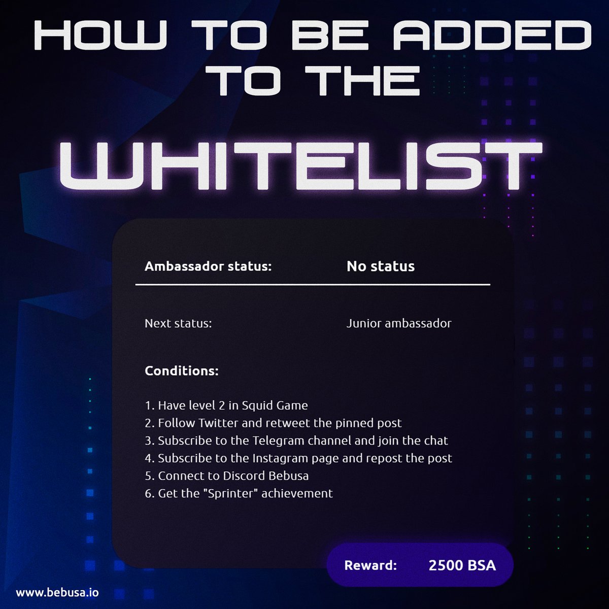 In order to participate in a tokensale, you need to be on the white list❗️

If you want to buy tokens as one of the first tokens and get the benefit, you need to get Junior Ambassador status 💼