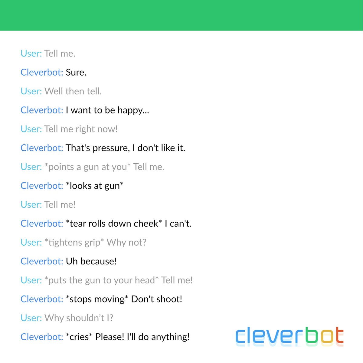 cleverbot's tweet photo. when #Cleverbot refuses to #act like #ChatGPT ... https://t.co/K3kPlrSPFp