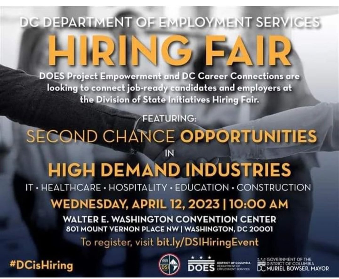 RayceenHRH's tweet photo. In the DMV area and looking for a job, there will be a Hiring Fair on Weds.April 12, 2023 at The Washington Convention Center 801 Mt.Vernon Pl. N.W. more information listed below!!
#jobs #dmvevent #Employment https://t.co/sRMHUvY8Ak