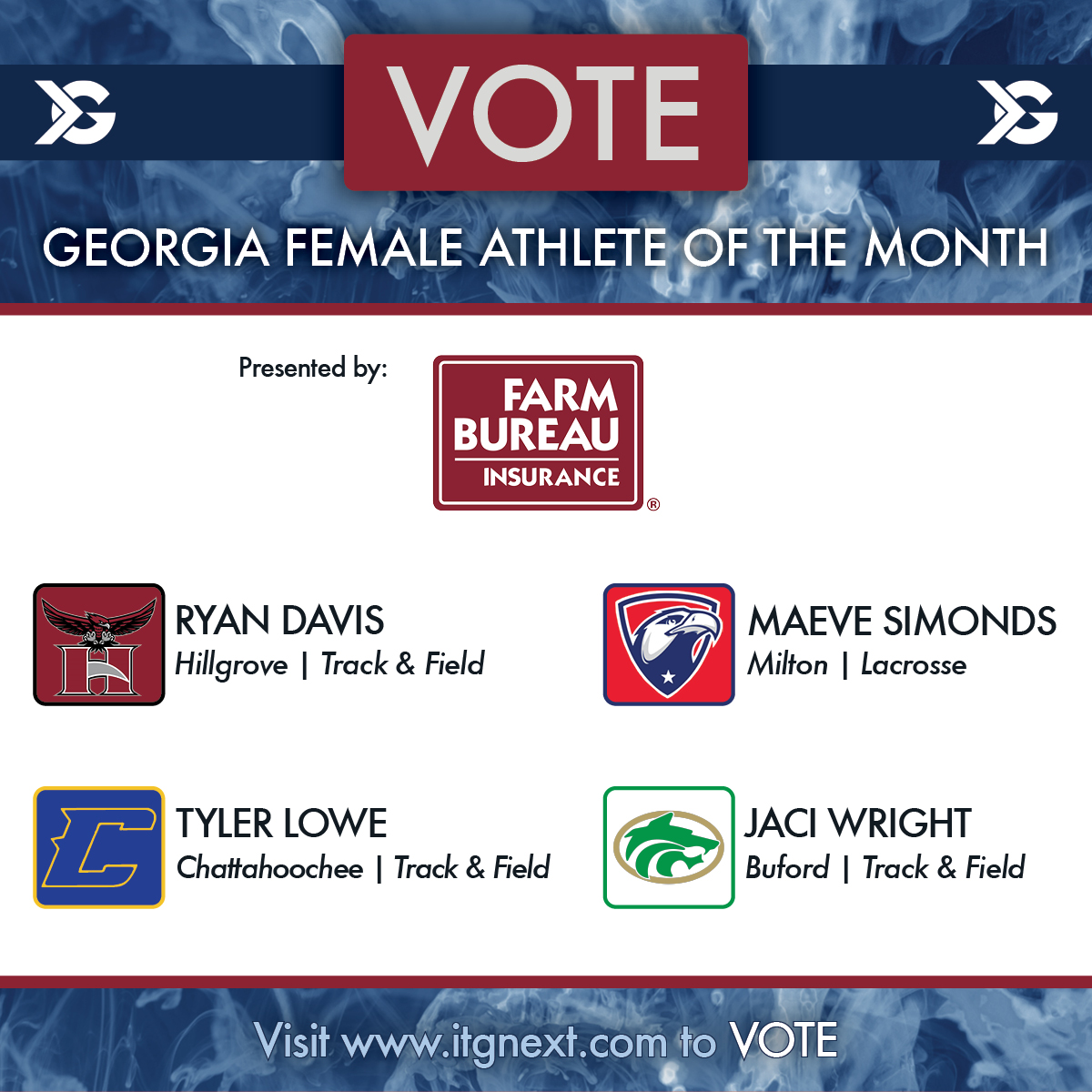 itgnext_georgia's tweet photo. The voting window for Georgia Female Athlete of the Month, presented by @GaFarmBureau, has been extended! You now have until 8AM this Friday (4/14) to cast your votes. #sponsored  

Vote here: https://t.co/XSv01YbRIn

@HillGroveHS @MiltonHighSch @HoochHappenings @BufordHS https://t.co/AkuNUgByUO