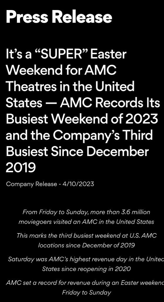 WHAT A WEEKEND. It’s official. Record revenues for AMC at our U.S. theatres on Easter weekend thanks to strong attendance and superb food and beverage sales. 3.6 million people watched Mario, Air Jordan and more stories on the big screen at AMC!  The path to recovery continues.