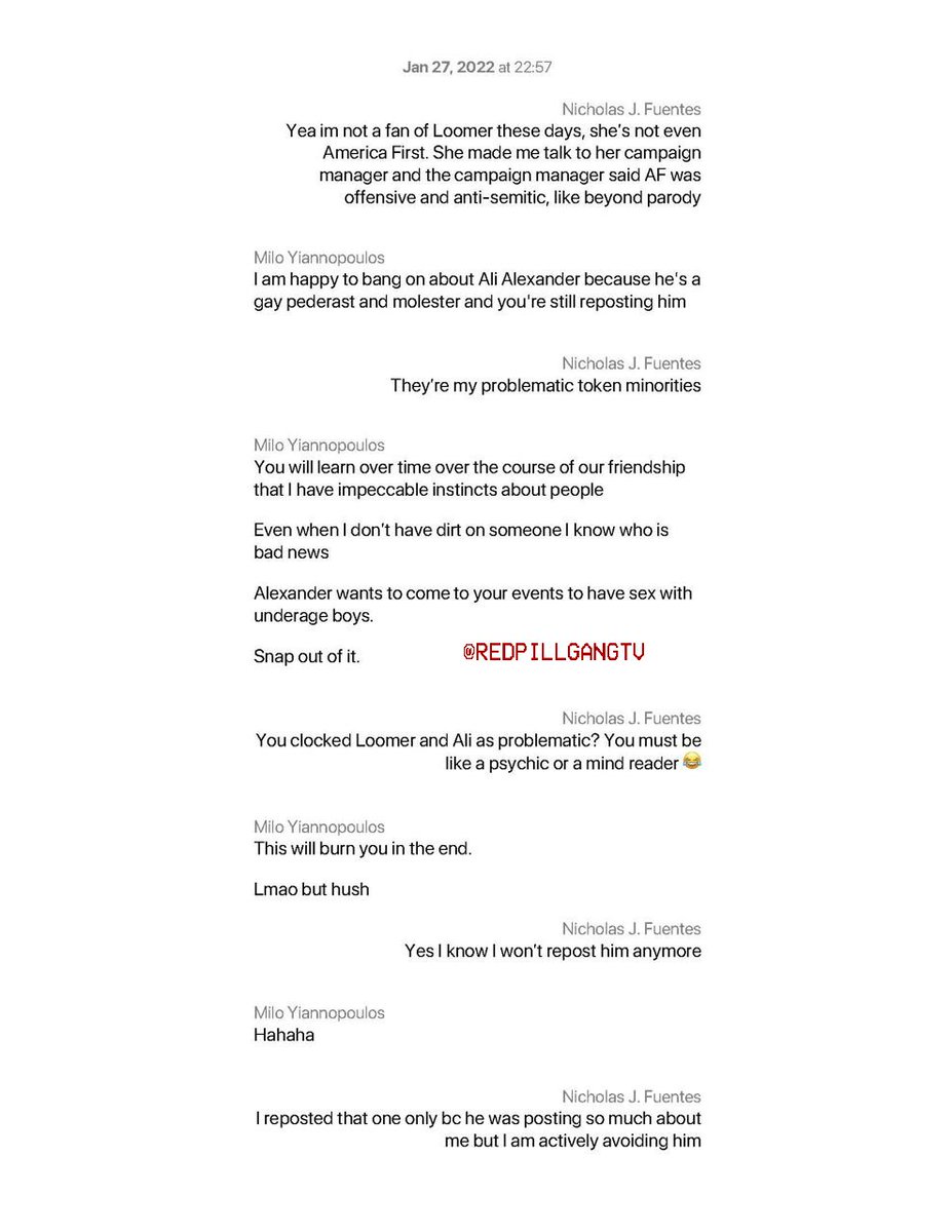 RPGonX's tweet image. 🚨 BREAKING: In this next round of texts, Nick Fuentes is seen privately trash-talking two current associates, @LauraLoomer and Ali Alexander (@ali), who he publicly pretends to be fond of.

Fuentes says he's "not a fan" of Loomer, calling her "insane" and "obnoxious" before