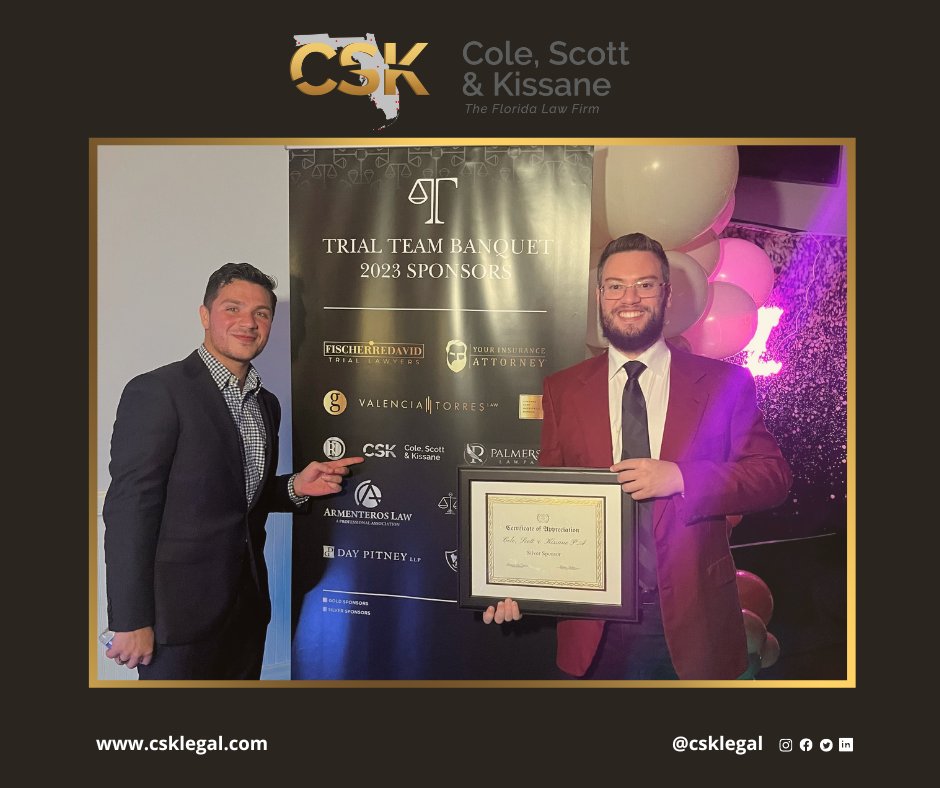 CSKLegal's tweet photo. CSK Associates Jake Roth & Daniel Melo, had a fantastic evening at the St. Thomas Law Trial Team’s annual banquet. CSK was recognized for sponsoring this year’s team.
@StThomasLaw #CSKCareers #FloridaLargestDefenseFirm #FloridaTrialAttorneys #FloridaInsuranceAttorneys https://t.co/YlqzbVe1Tf