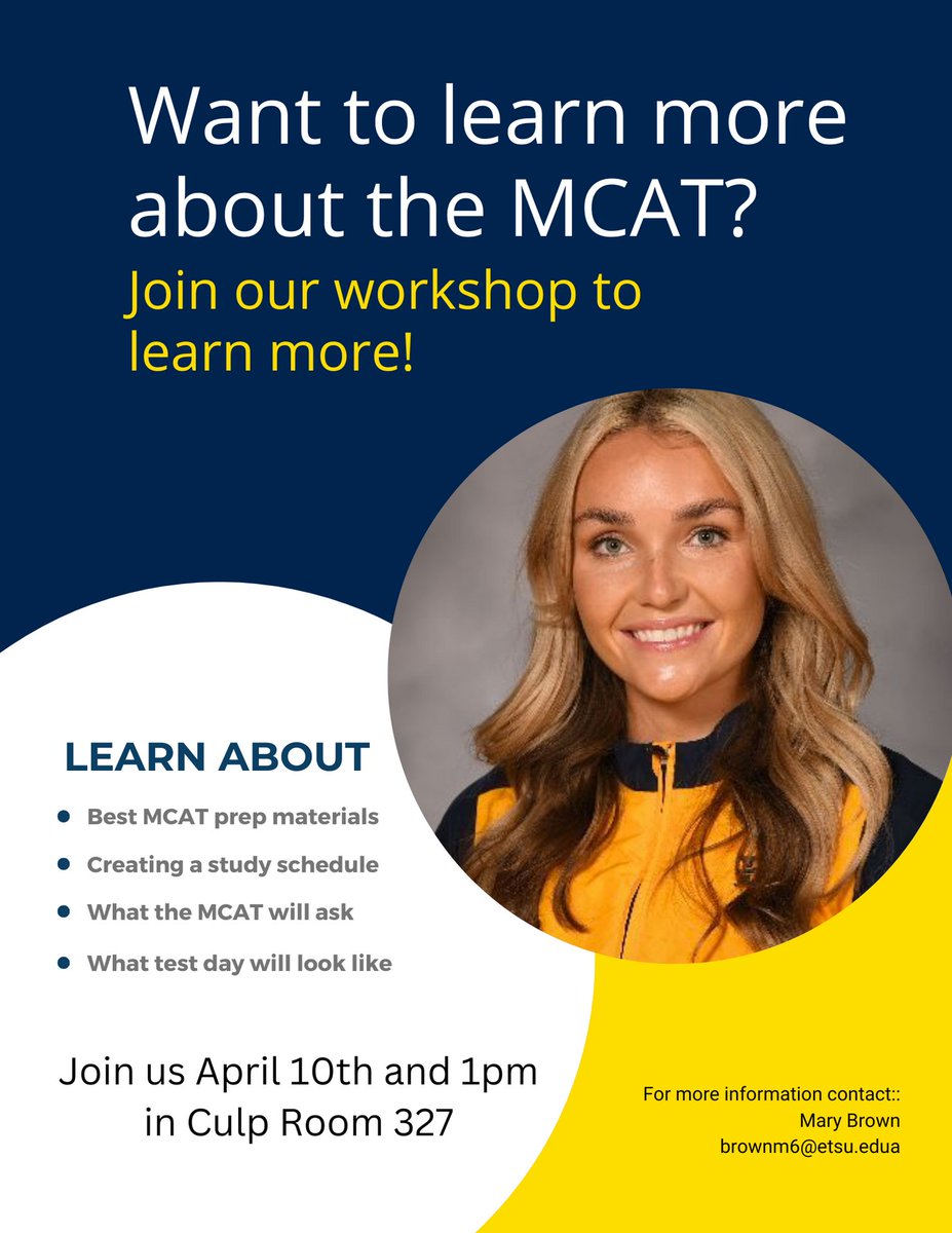 Join peer tutor, Mary Brown for an MCAT Workshop, today, Monday, 4/10/23, at 1pm in the Culp, room 327. In this workshop, Mary will discuss the MCAT, how to prep for the exam, creating a study schedule, and what test day will look like. Check your email for more details.