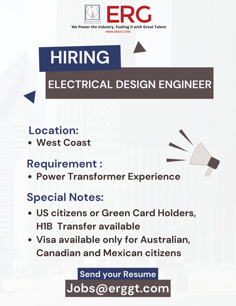 GlobalErg's tweet photo. #WeAreHiringNow
Electrical Design Engineer
Send your resume to jobs@erggt.com
#TransformersMagazine #electricalengineer #electrical #electricaldesignengineer #electricalengineering #electricaldesigner #electricaldesign #electricalengineerjobs #electricalengineeringjobs https://t.co/2v1imAiosX