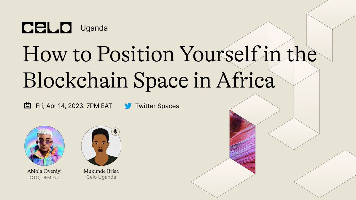Celo Uganda 🇺🇬 (@celouganda) on Twitter photo Join us this coming Friday, We'll be discussing “how to position yourself in the Blockchain space in Africa” w/ <a href="/_iamoracle/">Oyeniyi Abiola Peace</a>
🗓️Date: Friday 14th
🕕Time: 07:00 PM EAT
Don’t forget to Set Your Reminders Here: x.com/i/spaces/1gqxv… Join us this coming Friday, We'll be discussing “how to position yourself in the Blockchain space in Africa” w/ <a href="/_iamoracle/">Oyeniyi Abiola Peace</a>
🗓️Date: Friday 14th
🕕Time: 07:00 PM EAT
Don’t forget to Set Your Reminders Here: x.com/i/spaces/1gqxv…