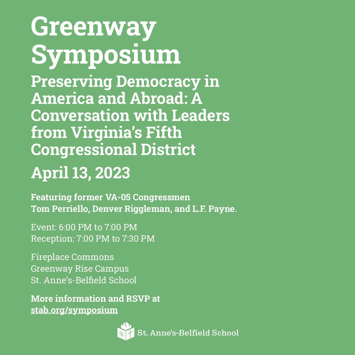 Greenway Symposium is back! Join us for a wonderful evening where we will be joined by three former congressmen: Tom Perriello (Class of 1992), Denver Riggleman, and L.F. Payne, to discuss preserving democracy in America. RSVP: ow.ly/tBFq50NF4Sy