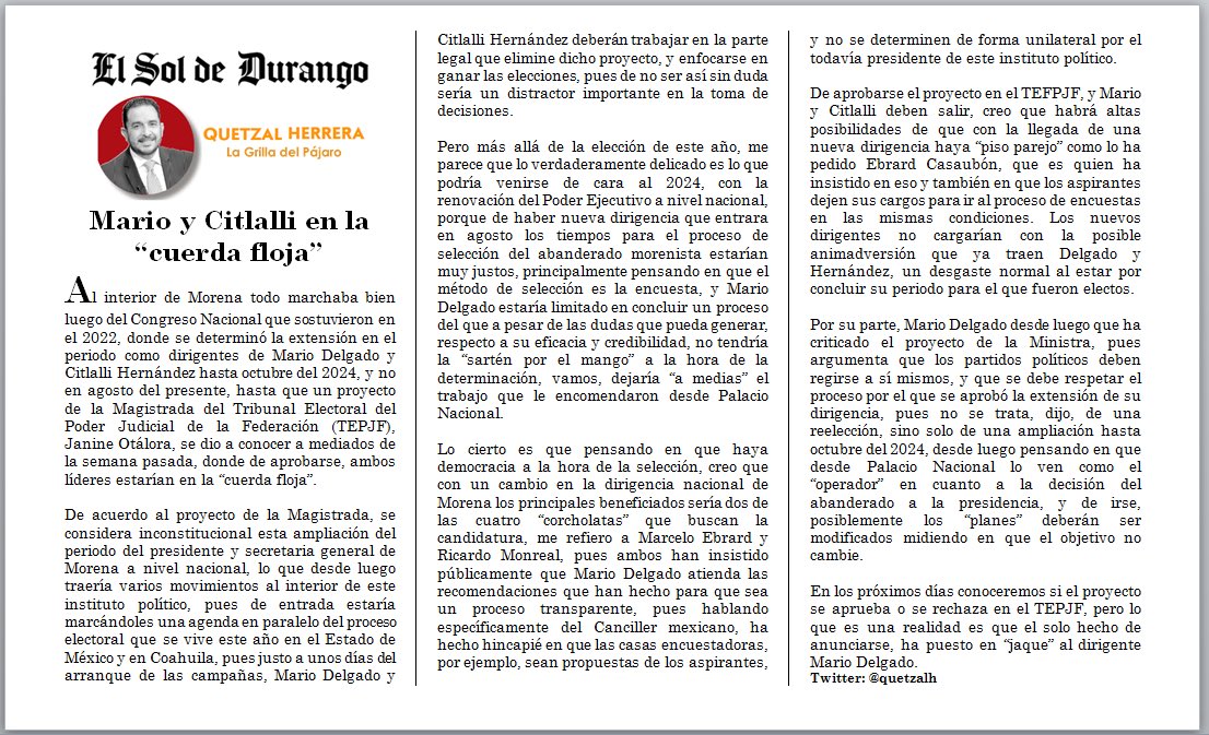 Quetzalh's tweet photo. #LaGrillaDelPájaro El proyecto presentado en el TEPJF pone en la "cuerda floja" a la dirigencia nacional de Morena #Análisis en @ElSoldeDurango 

@AlejandroFdelaP @hermannlinden @dionelsena @LaloSerranoZ @EduardoOrtegaS @lic_aguadohdez @patty_sierra @carlosolivas7 @JJaimeHerrera https://t.co/Y8QHJq0vcf