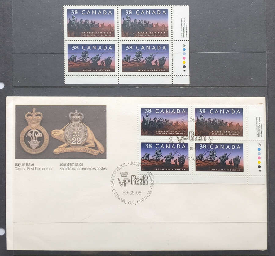 AllNations1949's tweet photo. Canada #1250ii VFNH 1989 LR 38c Regiments Plate Block and FDC (8) Lot 81 in our auction Saturday 15th April 2023 #CanadaFDC #FirstDayCovers #RegimentsBlock
https://t.co/jFeydWwVmr https://t.co/VfemRMh4dI