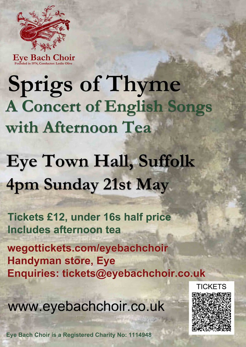 EyeBachChoir Suffolk (@eyebachchoirsu1) on Twitter photo We’re excited to announce our next performance: Sprigs of Thyme - a Concert of English Songs, Sunday May 21st, 4pm, Eye Town Hall. Tickets £12 inc a delicious afternoon tea. Under 16s 1/2 price. Link in bio
<a href="/Eye_Suffolk/">EyeSuffolk.org</a>
<a href="/johnmrutter/">John Rutter</a>
#englishfolksongs We’re excited to announce our next performance: Sprigs of Thyme - a Concert of English Songs, Sunday May 21st, 4pm, Eye Town Hall. Tickets £12 inc a delicious afternoon tea. Under 16s 1/2 price. Link in bio
<a href="/Eye_Suffolk/">EyeSuffolk.org</a>
<a href="/johnmrutter/">John Rutter</a>
#englishfolksongs