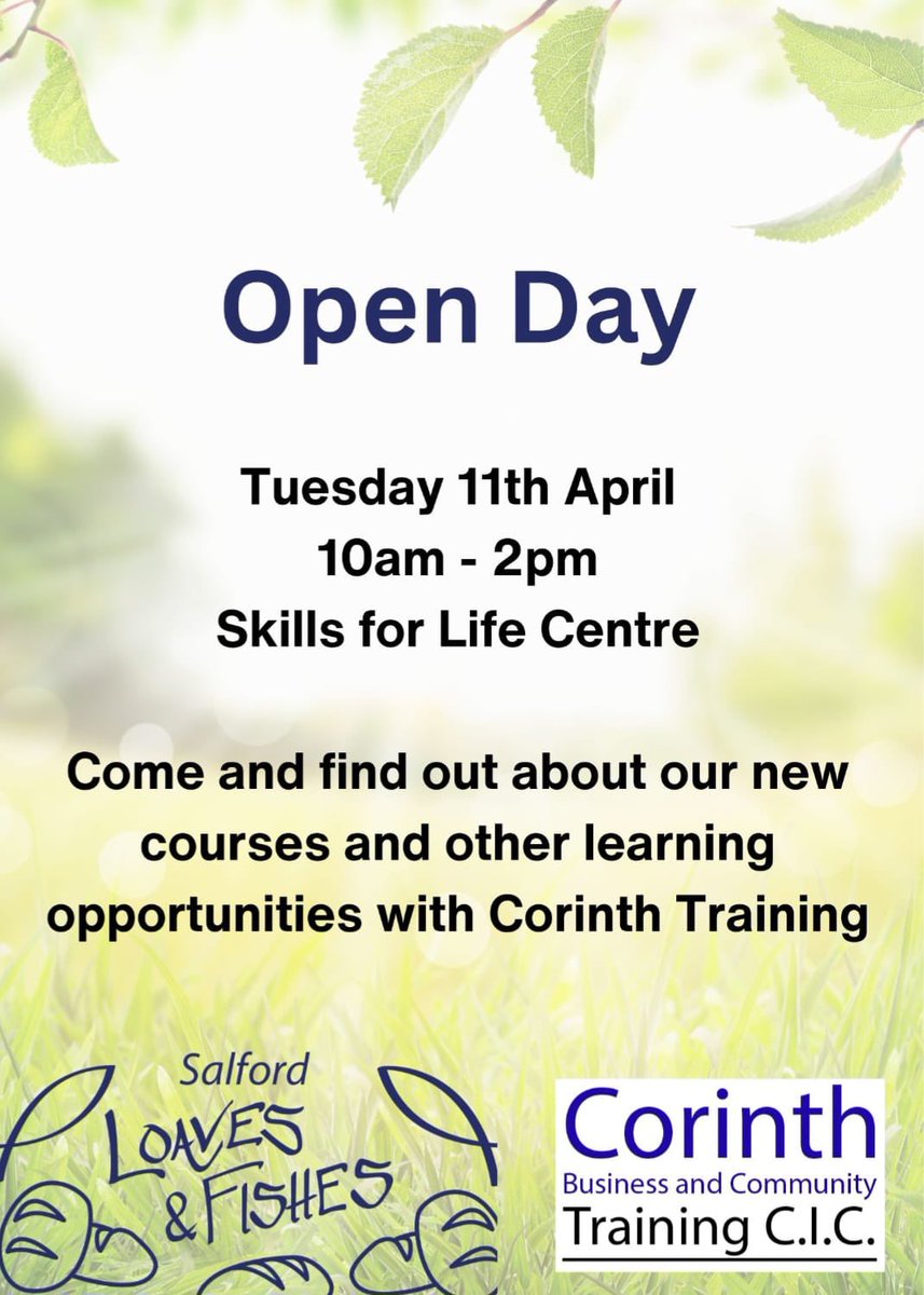 Come and join us tomorrow @CorinthTraining are hosting an open day to show what courses and opportunities they have for local people 🤩