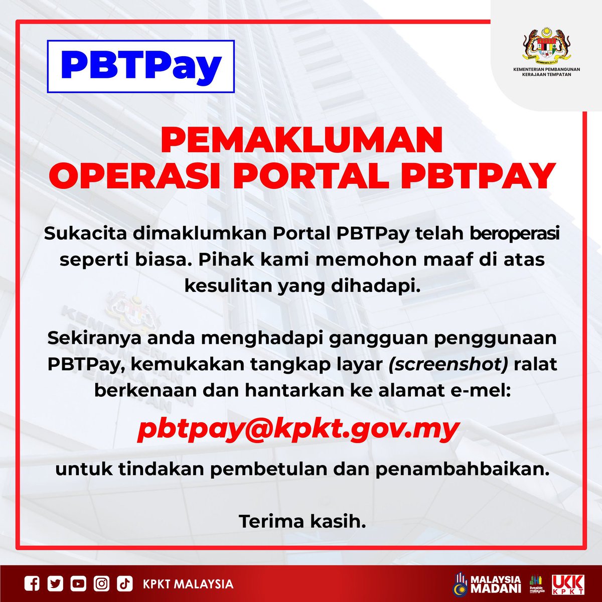Tahukah anda sekarang boleh buat bayaran cukai pintu dan lain-lain bayaran PBT secara atas talian di mana-mana saja tanpa perlu lagi pergi ke kaunter pejabat majlis? Jom, sila cuba hari ini juga. 😊#MalaysiaMADANI <a href="/kpkt_gov/">KPKT</a>