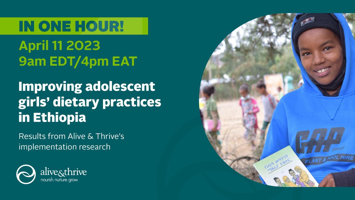 STARTING IN ONE HOUR!    

Join us for our webinar: Improving adolescent girls’ dietary practices in Ethiopia: Results from A&amp;T’s implementation research.

9AM EDT/4PM EAT
Register here: bit.ly/3nsBqvZ
