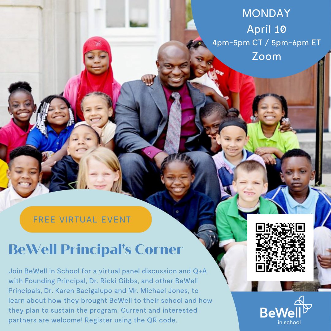 TODAY, 4pm CT. Amazing BeWell Principals discuss the impacts of the BeWell Program at their school and plans for sustaining the partnership.
Please share with educators in your network! Register here -us06web.zoom.us/meeting/regist…

#schoolleaders #EducationSystem #changemakers